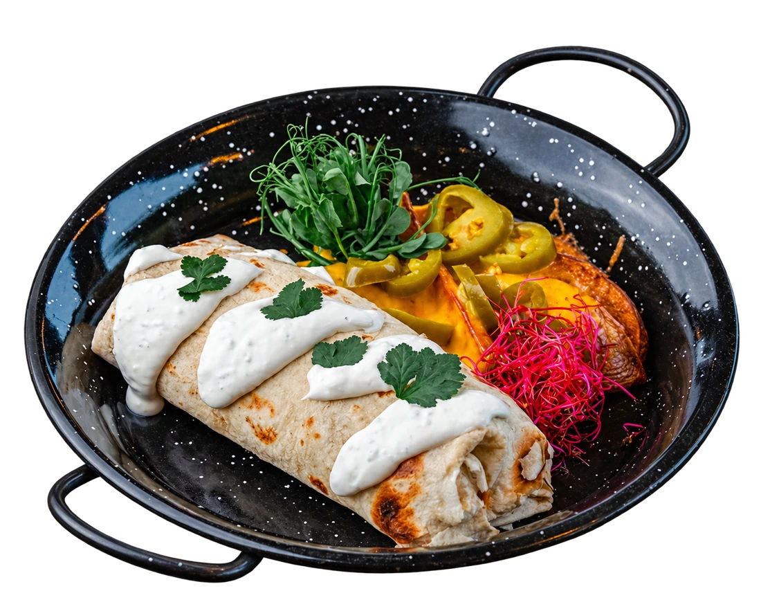 Csirkés burrito jalapeñós cheddar burgonyával