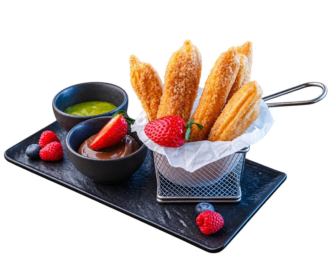 Churros mártásokkal és gyümölcsökkel